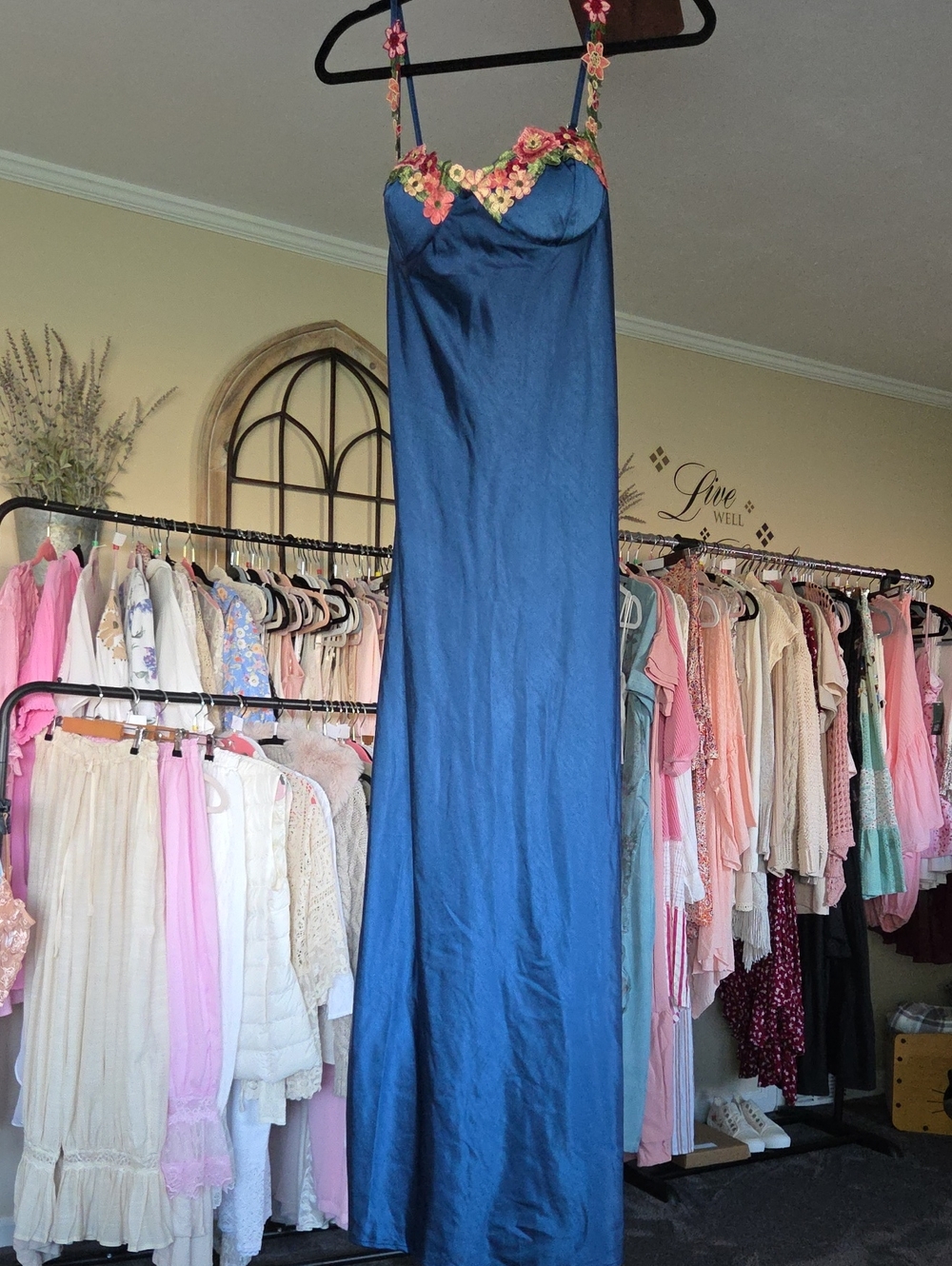 Vintage Blue Satin Maxi Dress with Floral Trim - Women